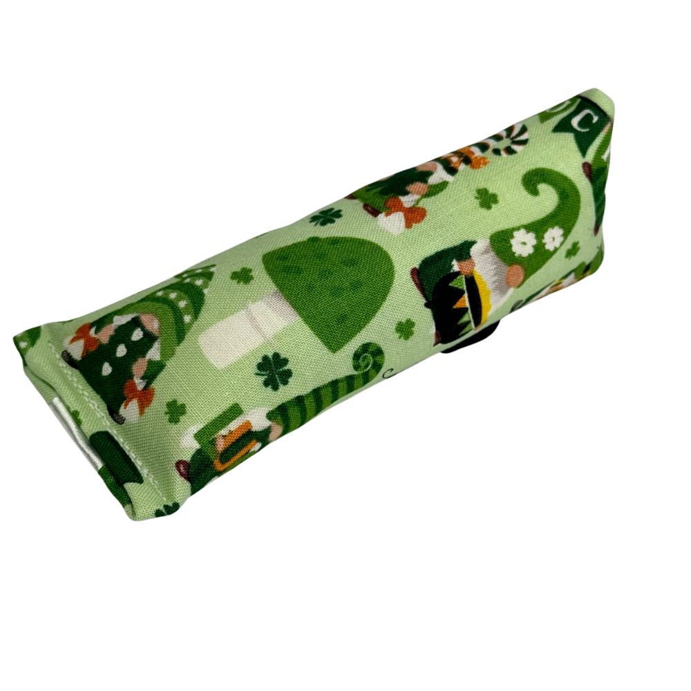 Mini gnome print kicker cat toy with shamrocks and hearts filled with catnip
