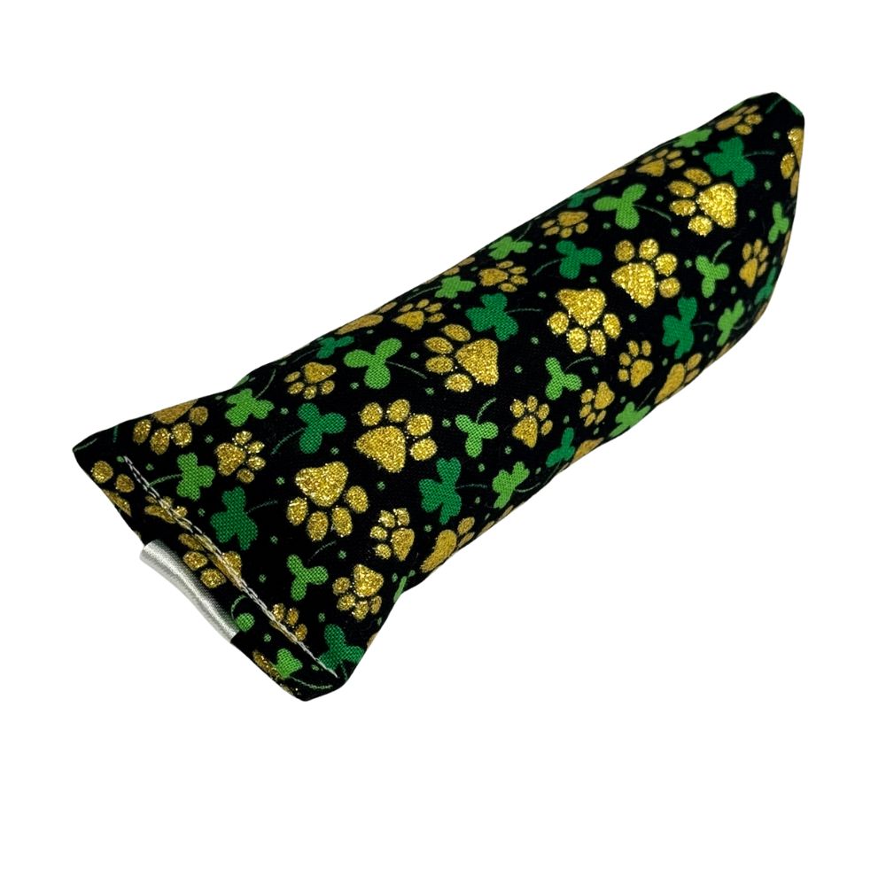 Mini black cotton kicker cat toy with gold paw prints and green clovers plus catnip