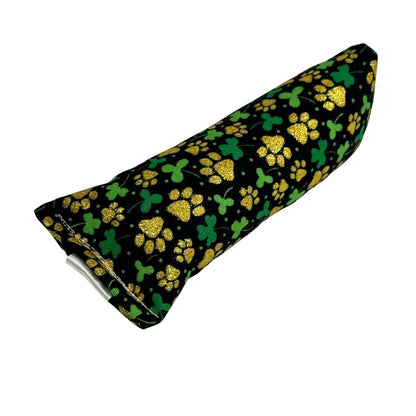 Mini black cotton kicker cat toy with gold paw prints and green clovers plus catnip