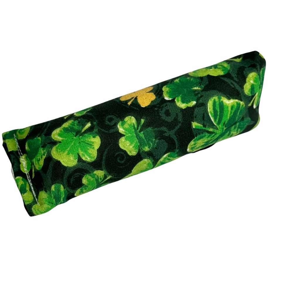 Mini kicker cat toy with painterly green clovers on dark fabric, filled with catnip