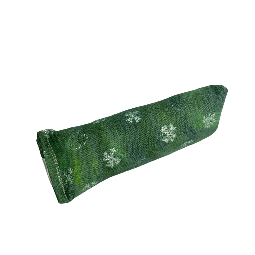 Mini kicker cat toy with painterly green clovers on dark fabric, filled with catnip