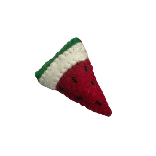 Handmade red and green wool watermelon slice cat toy sprayed with premium catnip for indoor chase play and enrichment.