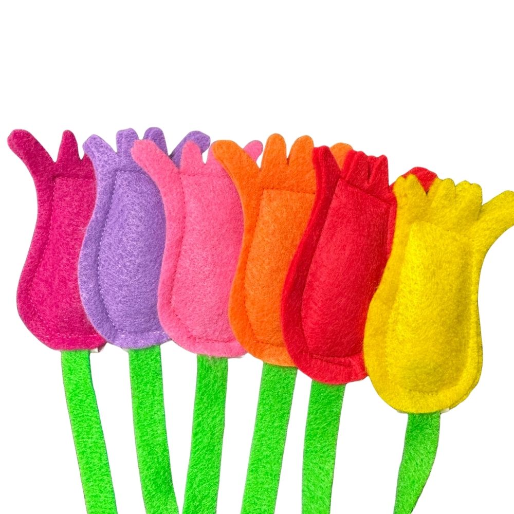 Collection of colorful tulip cat toys with catnip in red, yellow, orange, lilac, fuchsia and magenta