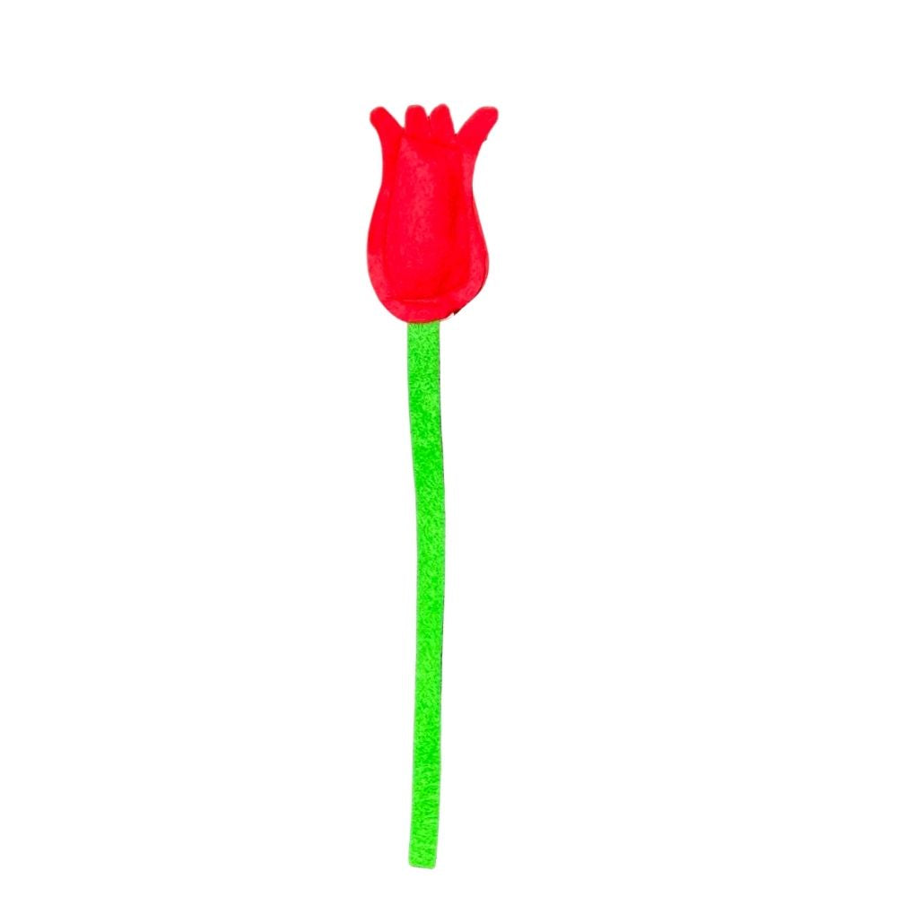 Red tulip cat toy filled with catnip, felt flower shape with green stem for batting and indoor play