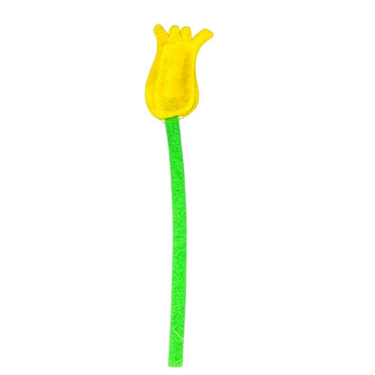 Yellow tulip cat toy filled with catnip, soft felt petals and long green stem for interactive play