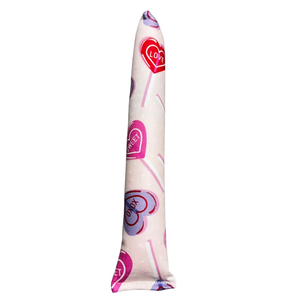 Single handmade Valentine lollipop kicker cat toy with heart and candy artwork, stuffed with premium catnip for interactive kicking play. Made by CatnipTakeout.