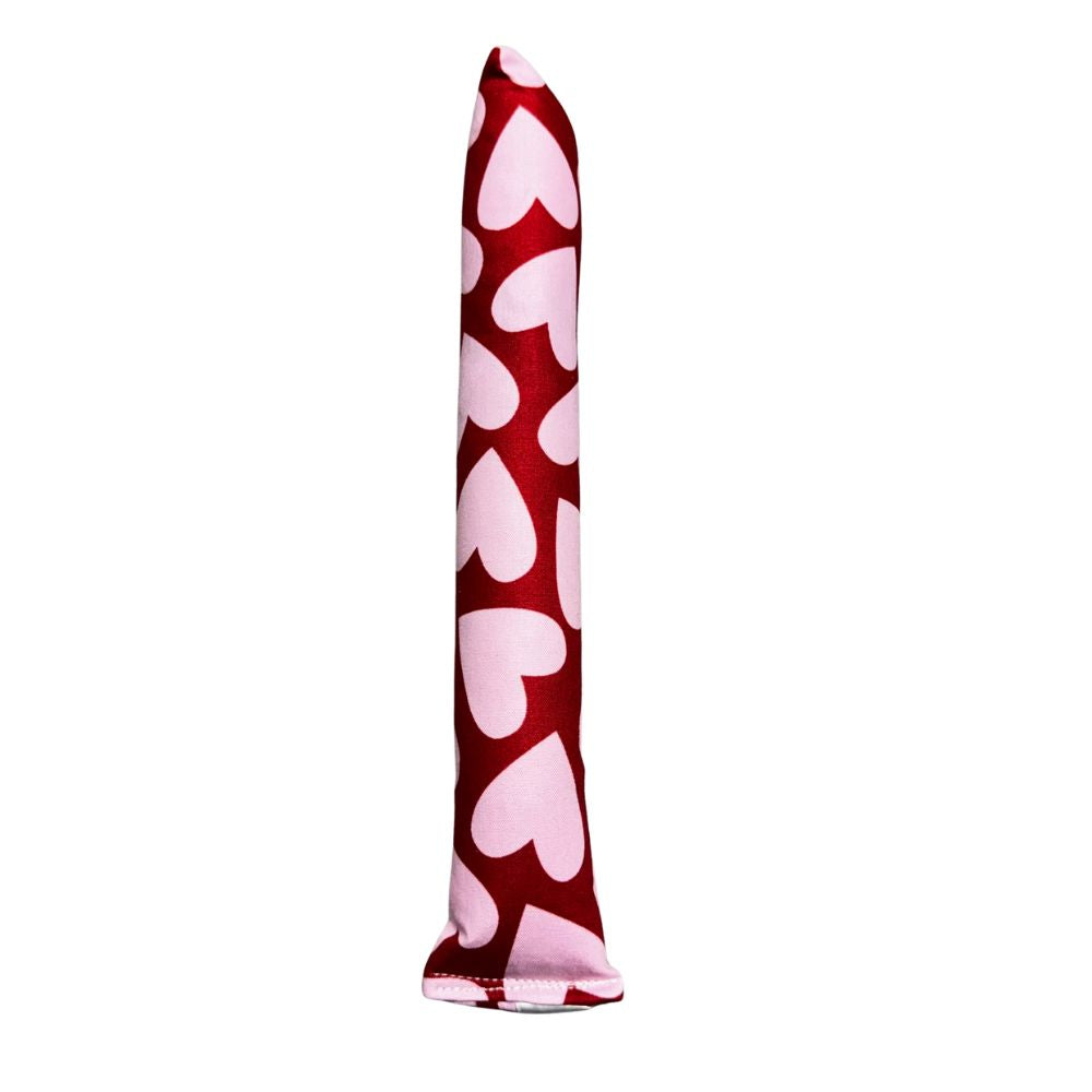 Single handmade Valentine kicker cat toy in deep red fabric with oversized pale pink hearts, long and soft for bunny kicking play, filled with signature premium catnip. Made by CatnipTakeout.