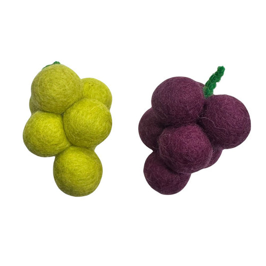 Purple and green handmade wool grapes cat toys sprayed with premium catnip for indoor enrichment and zoomies play.